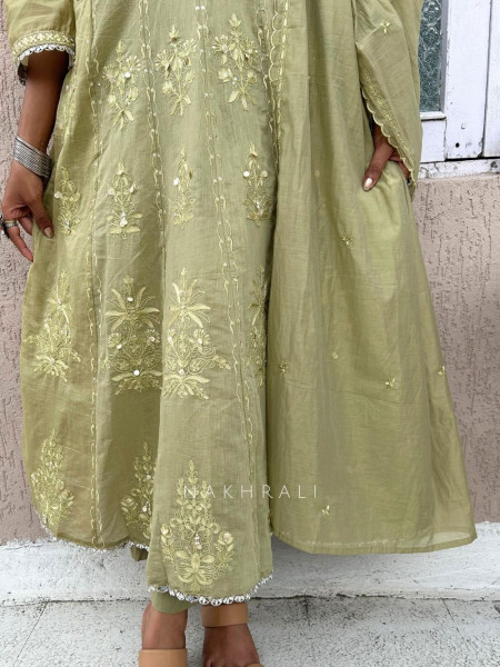 Mrinmayi Green Pure Mul Cotton Anarkali Suit Set With Thread Embroidery & Mirror Work