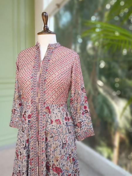 Qymera Beige Printed Anarkali Suit Set with Sequin Embroidery