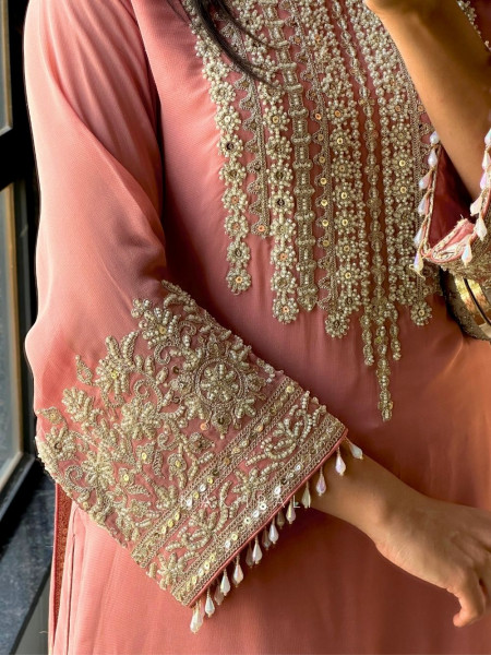 Aarunya Peach Georgette Palazzo Kurta Set with Zari Sequin Work