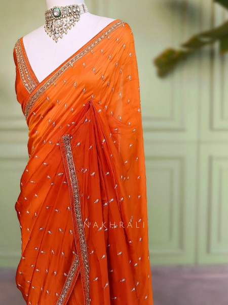 Sangini Orange Saree Zari Butti Work