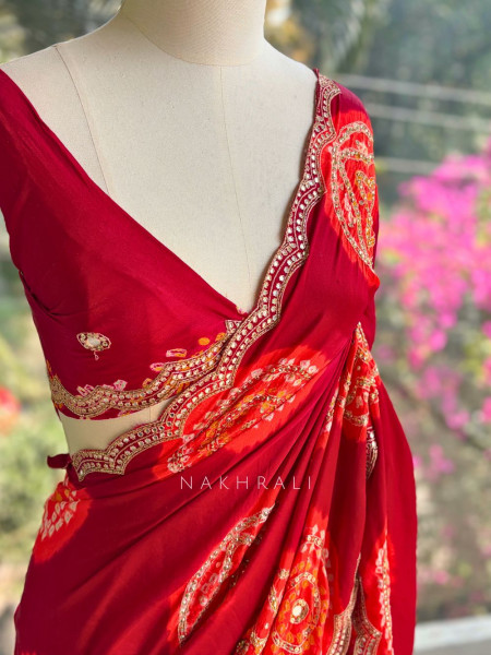 Rangtaal Red Bandhani Saree