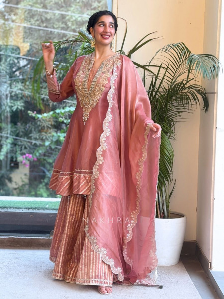 Nazakat-E-Tissue Onion Pink Short Anarkali Sharara Suit Set