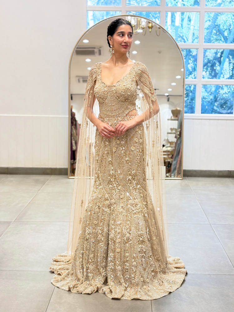 Image of Glimmering Golden Indo Western Mermaid Lehenga