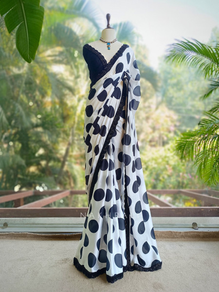 Kavika Black & White Polka Dot Georgette Saree with Lace Border