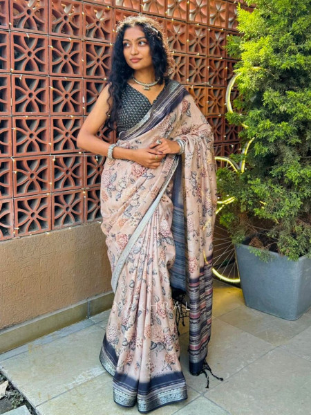 Prisha Beige Floral Print Saree