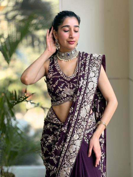 Adaah Wine Georgette Saree with All-Over Embroidery
