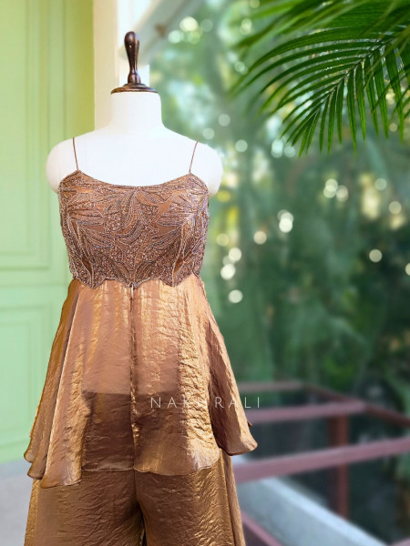 Zeraya Brown Embroidered Peplum Palazzo Set