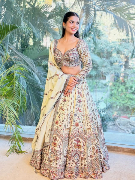Saumya Cream Embroidered Lehenga with Sequin and Cut Dana Work