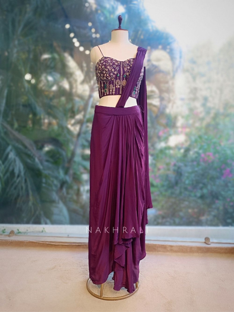Image of Vireya Wine Pre-Draped Saree with Embellished Blouse