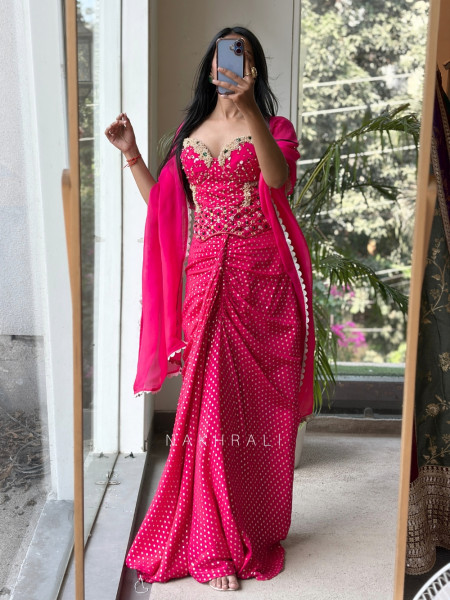 Artifact Magenta Indo-Western Corset Crop Top & Pre-Draped Skirt