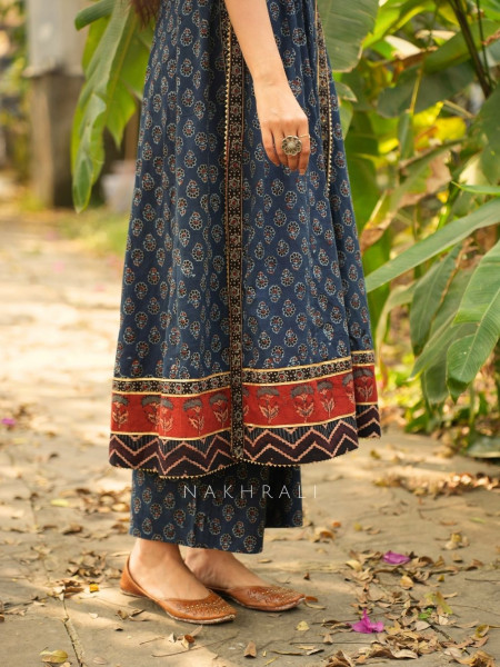 Mirza Blue Angrakha Cotton Kurta Pant Set