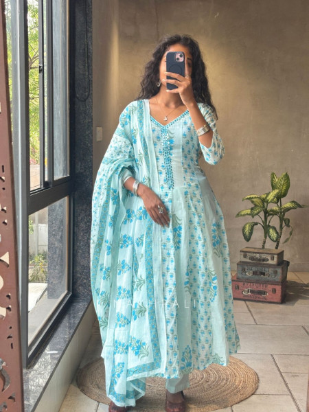 Aarika Blue Cotton Printed Kurta Set with Dupatta