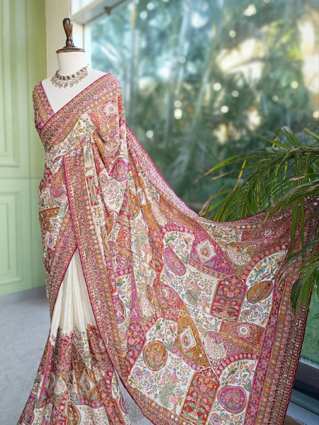 Pichwai Concept Vibrant Yellow Satin Saree
