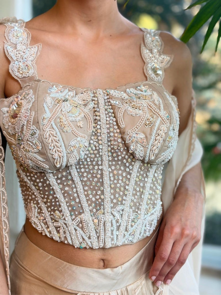 Solenne Beige Corset Skirt Set with Sequin and Cut Dana Work