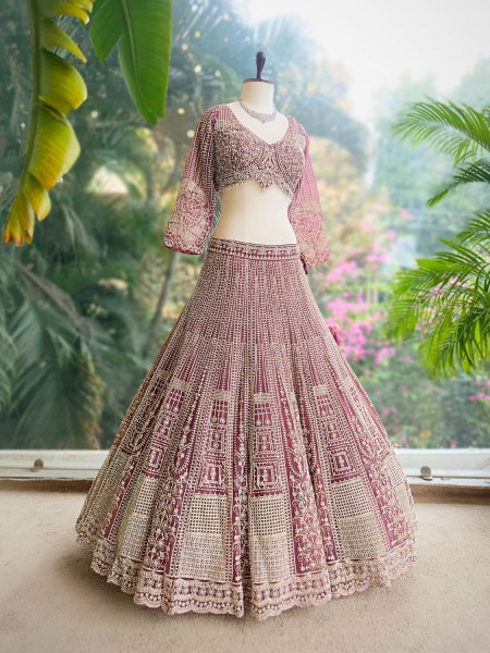 Ruvira Wine Bridal Lehenga with Zari and Sequin Work