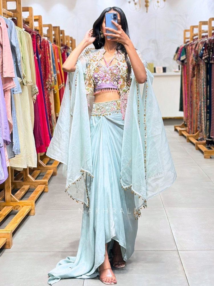 Image of Vyomi Blue Indo Western Crop Top Skirt Set with Multicolor Embroidery
