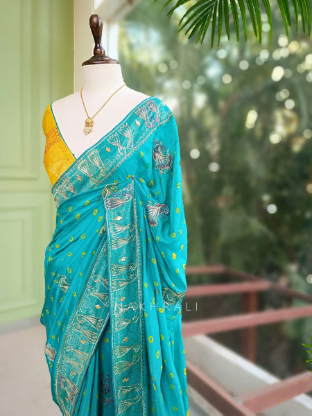 Kavira Rama Green Bandhej Saree with Zari Weaved Border