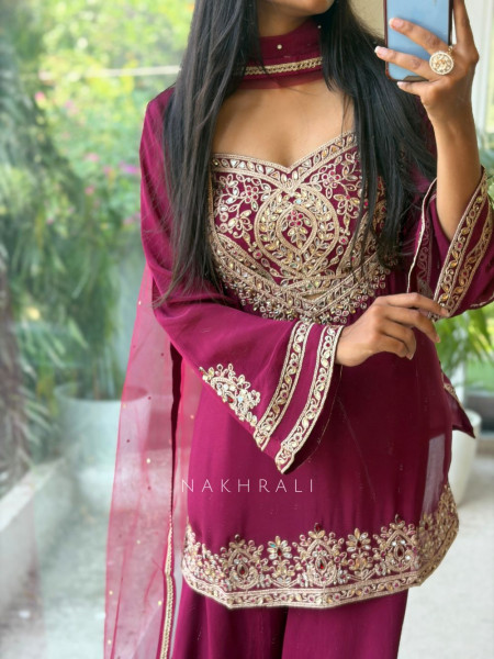 Nazneen Wine Fendy Silk Sharara Set