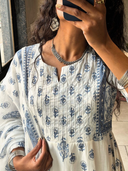 Nerith Blue Cotton Suit Set with Floral Block Print