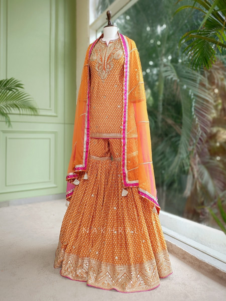 Flare Luxe Orange Gharara Set with Pearl and Sequin Work