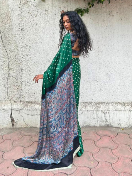 Niyati Green Modal Saree with Ajrakh Pallu