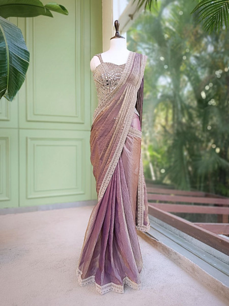 Darpan Purple Drape Saree with Mirror Embroidered Corset Blouse