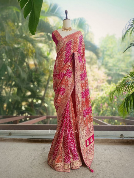 Morbagh Magenta Saree with Bandhani Print and Zari Weaving
