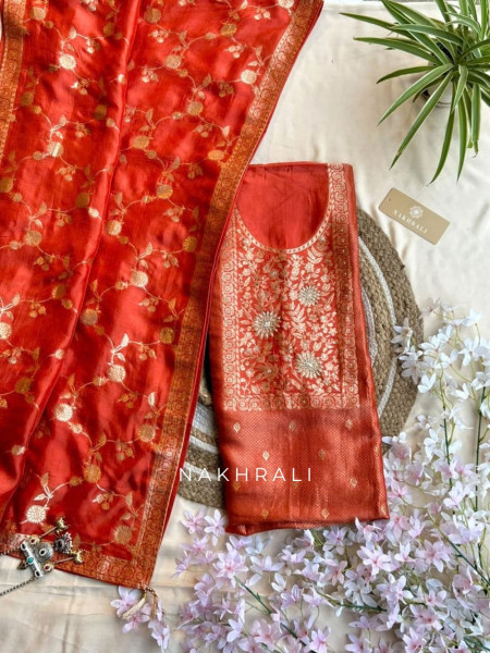 Koshika Vermilion Orange Banarasi Woven Silk Dress Material