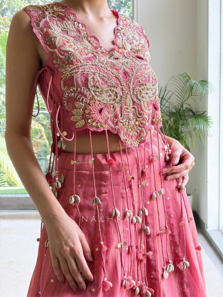 Gulpriya  Pink Shimmer Tissue Silk Crop Top Palazzo Set