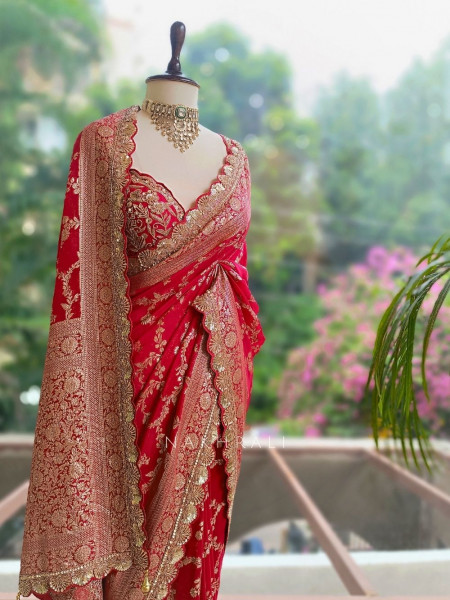 Tarangini Red Banarasi Silk Blend Saree with Readymade Blouse