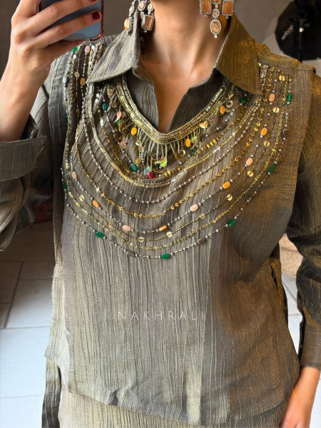 Nyra Olive Tissue Indo-Western Layered Palazzo Set