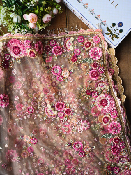 Tiararose Sand Beige Net Floral Embroidered Saree