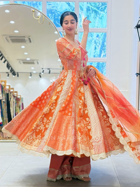 Leela Orange Anarkali Suit Set with Gota & Mirror Work