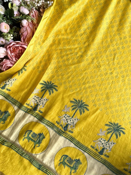 Katha Yellow Printed Dress Material Set