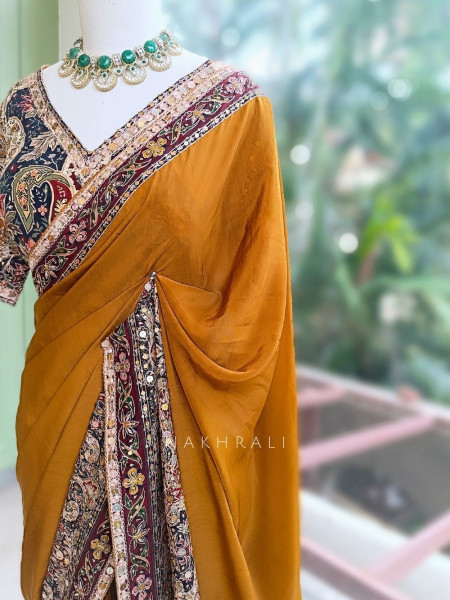 Dhara Mustard Georgette Silk Saree With Kalamkari & Cutdana Work