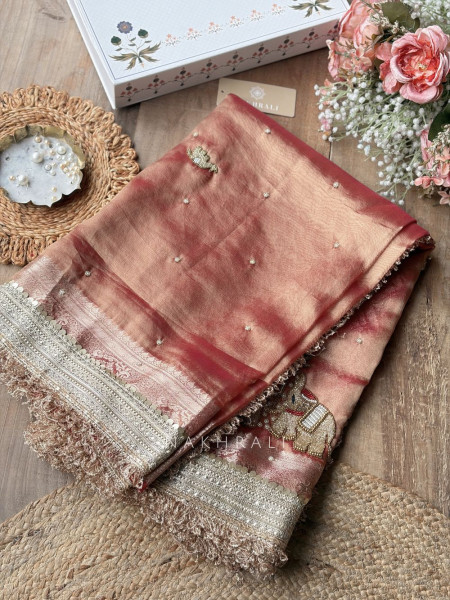Gajshri Copper Rose Banarasi Katan Tissue Silk Saree