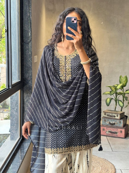 Rivkara Black Bandhej Suit Set with Golden Embroidery and Bead Work