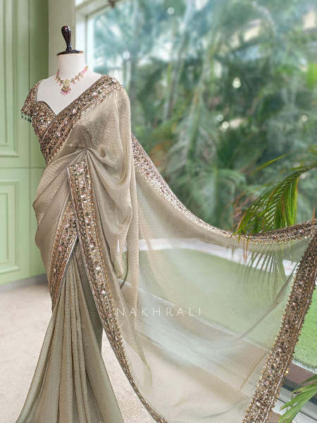 Lustre Trellis Sage Green Tissue Silk Saree with Readymade Blouse