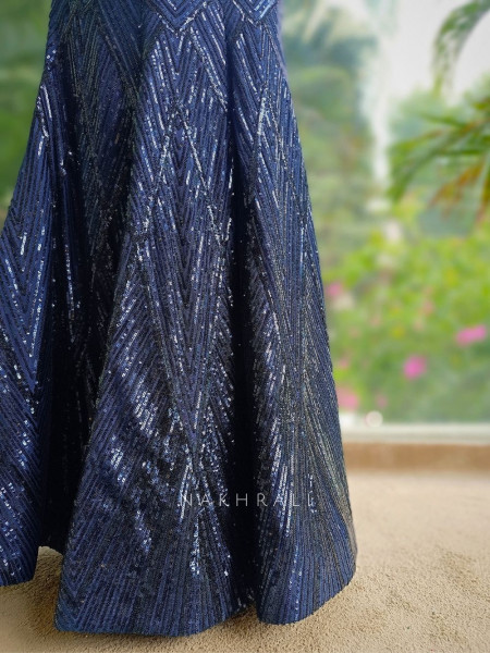 Noir Gleam Blue Sequin Crop Top Skirt Set