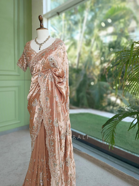 Celestine Peach Crushed Shimmer Silk Tissue & Silk Georgette Blend Saree