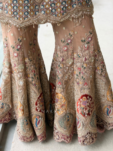 Gilded Heirloom Beige Tulle Net & Satin Silk Sharara Suit Set
