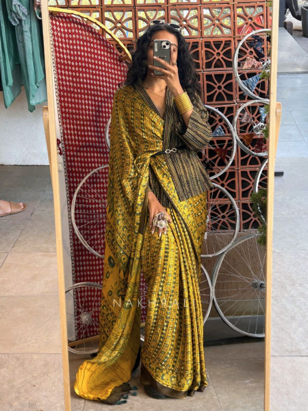 Aira Mustard Modal Ajrak Saree with Traditional Print