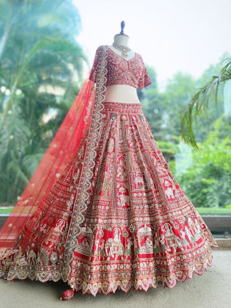 Shahi Vivah Bridal Red Raw Silk Bridal Lehenga Set With Zardozi, Pitta & Resham Work