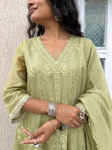 Mrinmayi Green Pure Mul Cotton Anarkali Suit Set With Thread Embroidery & Mirror Work