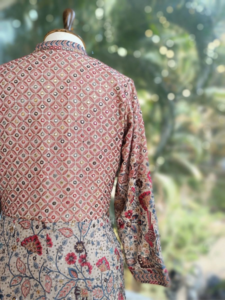 Qymera Beige Printed Anarkali Suit Set with Sequin Embroidery