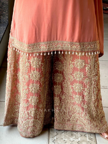 Aarunya Peach Georgette Palazzo Kurta Set with Zari Sequin Work