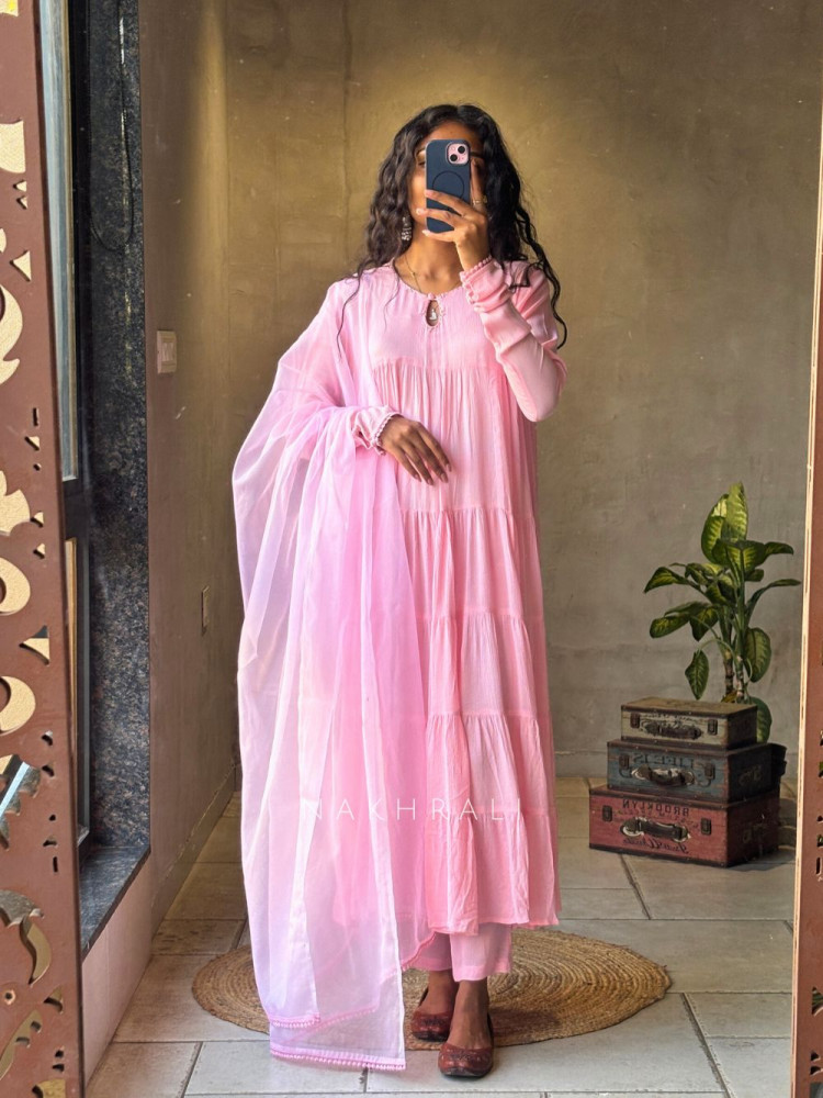 Image of Calira Pink Cotton Anarkali Suit Set with Organza Dupatta