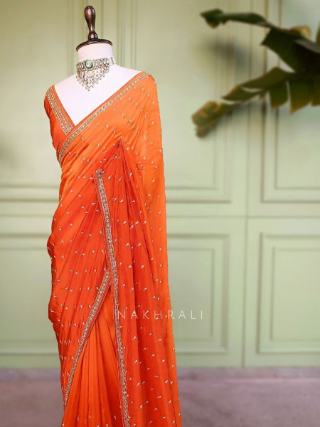 Sangini Orange Saree Zari Butti Work