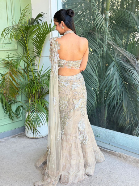 Aurevia Beige Indo-Western Mermaid Lehenga with Sequin and Pearl Work