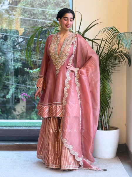 Nazakat-E-Tissue Onion Pink Short Anarkali Sharara Suit Set